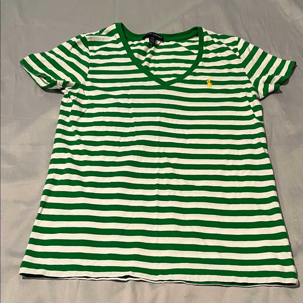 Ralph Lauren Green and White Striped Tee Size Medium Casual Comfy